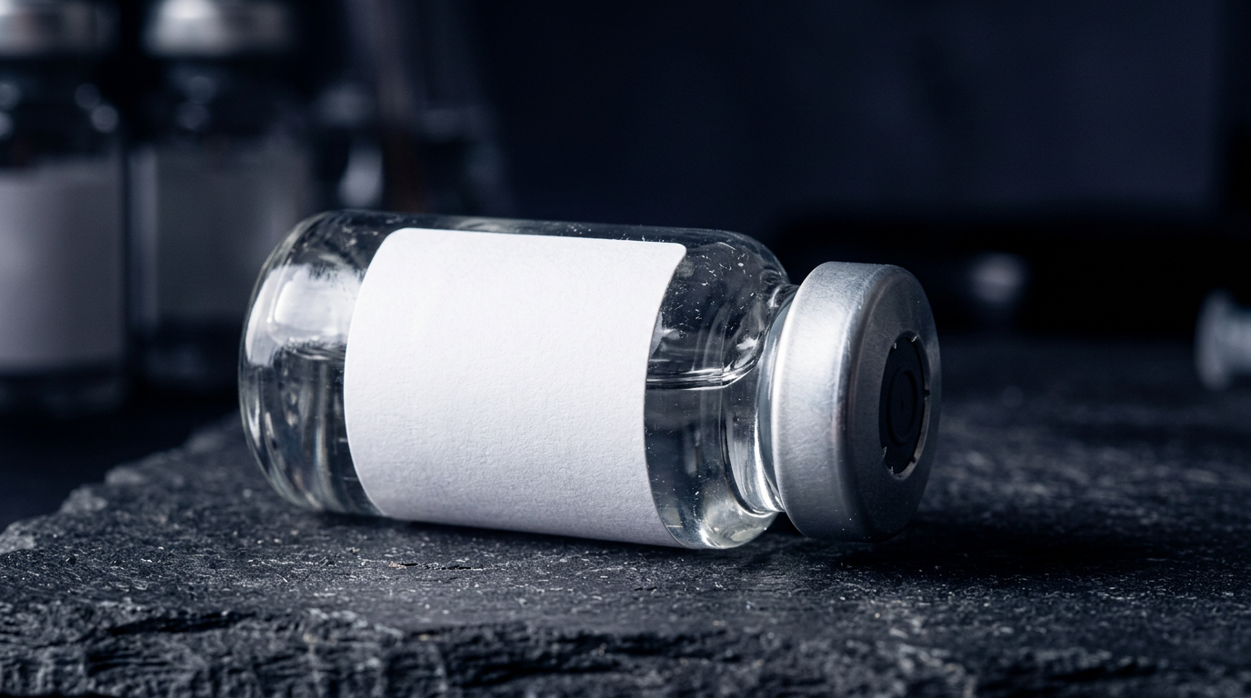 Macro photograph of a laboratory glass vial with a blank label on dark stone surface