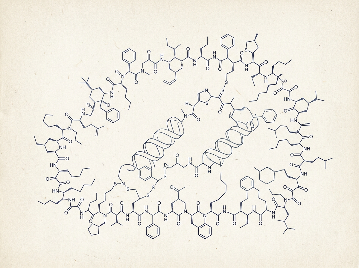 Line-art illustration of an abstract peptide molecular chain structure