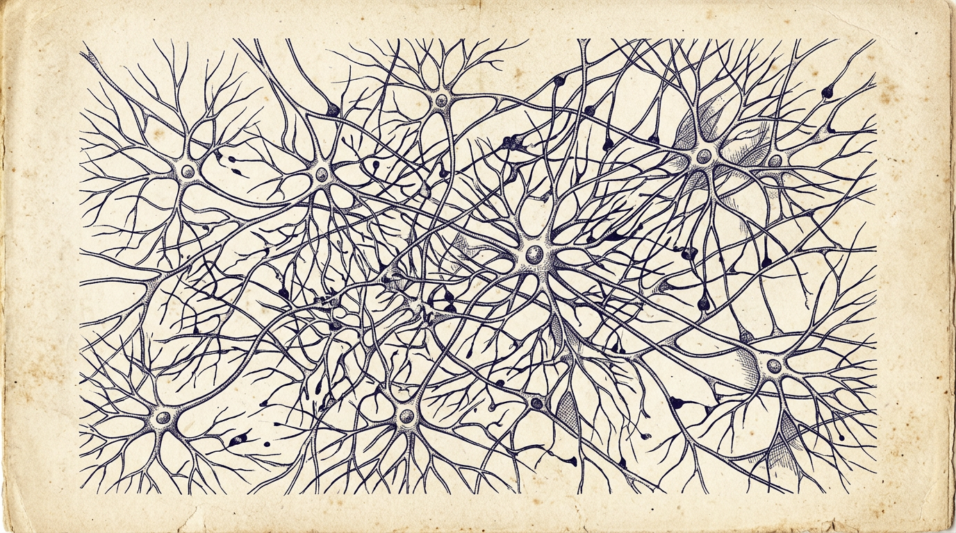 Vintage-style line-art illustration of branching neural network patterns