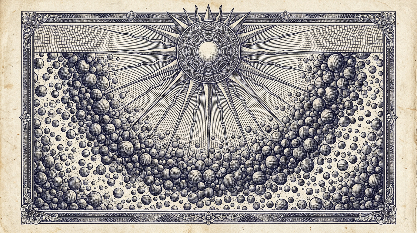 Vintage-style line-art illustration of an abstract sun and pigment granule pattern