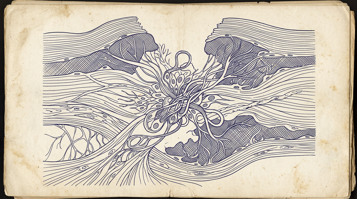 Vintage-style line-art anatomical illustration representing tissue repair and cell migration